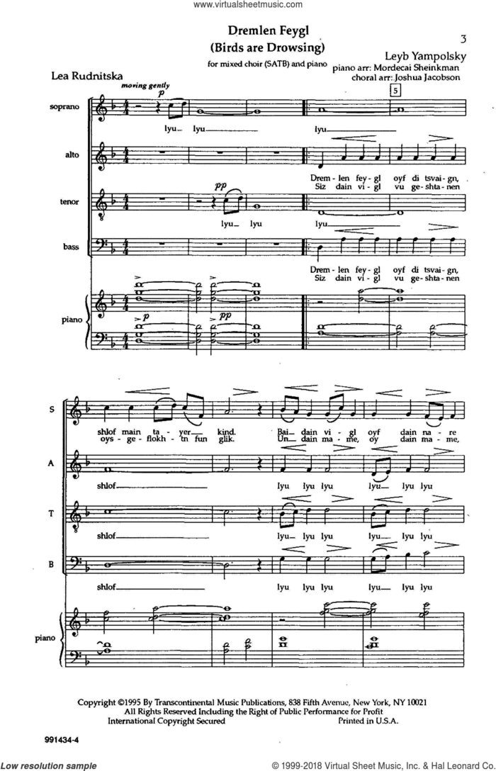 Dremlen Feygl (Birds Are Drowsing) sheet music for choir (SATB: soprano, alto, tenor, bass) by Joshua Jacobson and Leyb Yampolsky, intermediate skill level
