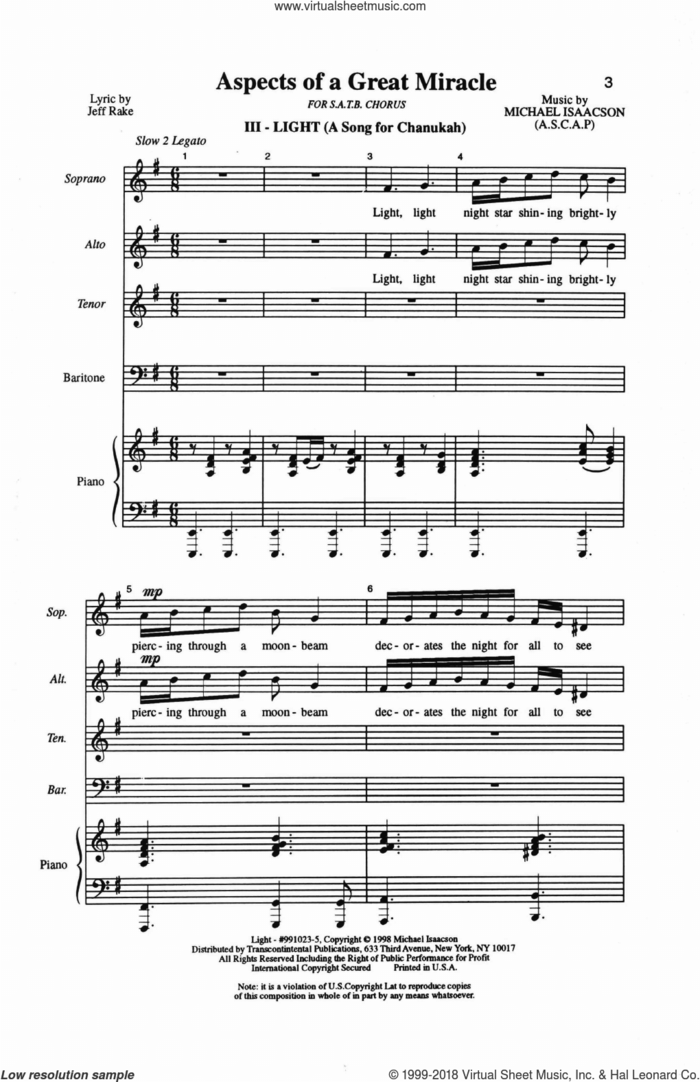 Light Piano sheet music for choir (SATB: soprano, alto, tenor, bass) by Michael Isaacson, intermediate skill level