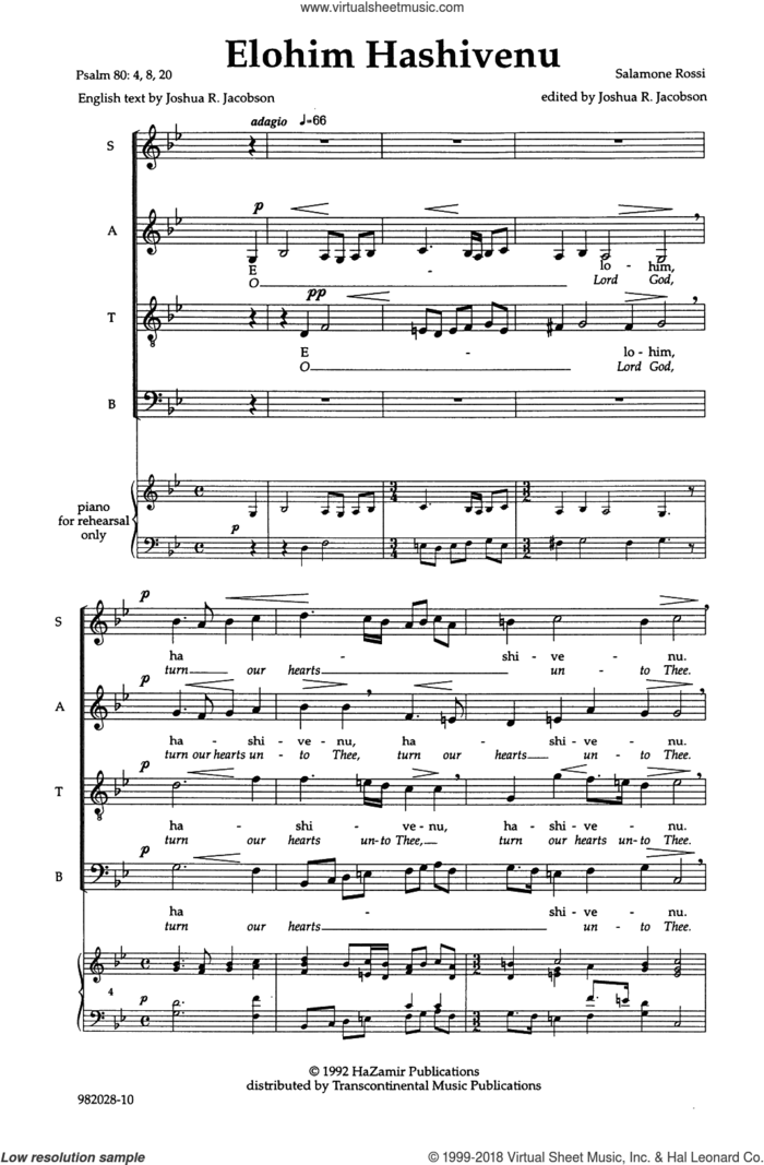 Elohim Hashiveinu (O Lord, Turn Our Hearts) sheet music for choir (SATB: soprano, alto, tenor, bass) by Joshua Jacobson and Salamone Rossi, intermediate skill level
