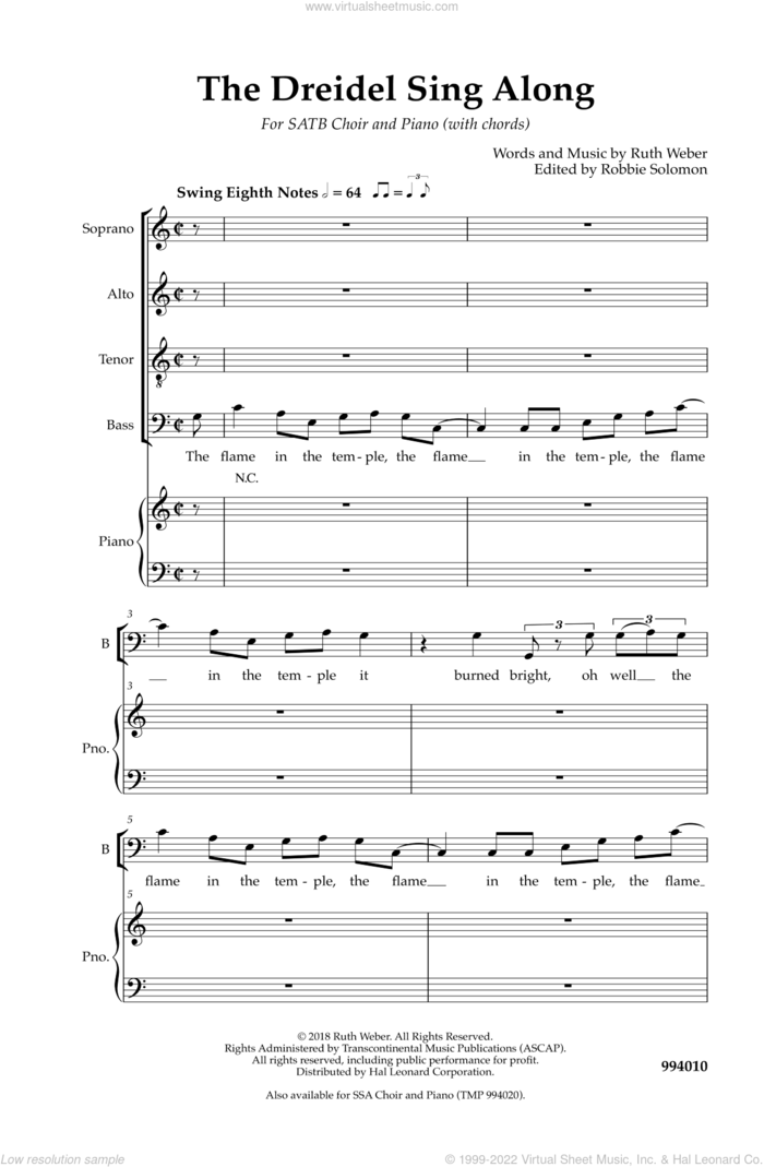 Dreidel Sing Along sheet music for choir (SATB: soprano, alto, tenor, bass) by Robbie Solomon and Ruth Weber, intermediate skill level