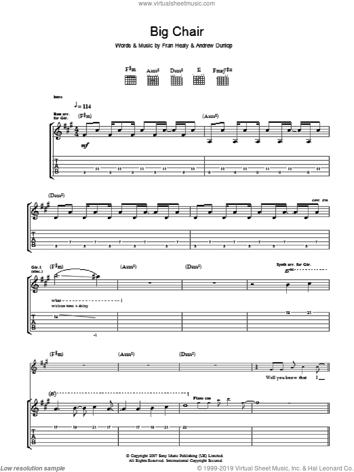Big Chair sheet music for guitar (tablature) by Merle Travis, Andrew Dunlop and Fran Healy, intermediate skill level
