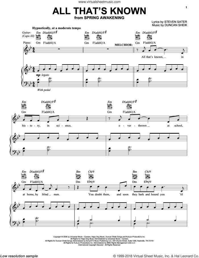 All That's Known sheet music for voice, piano or guitar by Duncan Sheik and Steven Sater, intermediate skill level