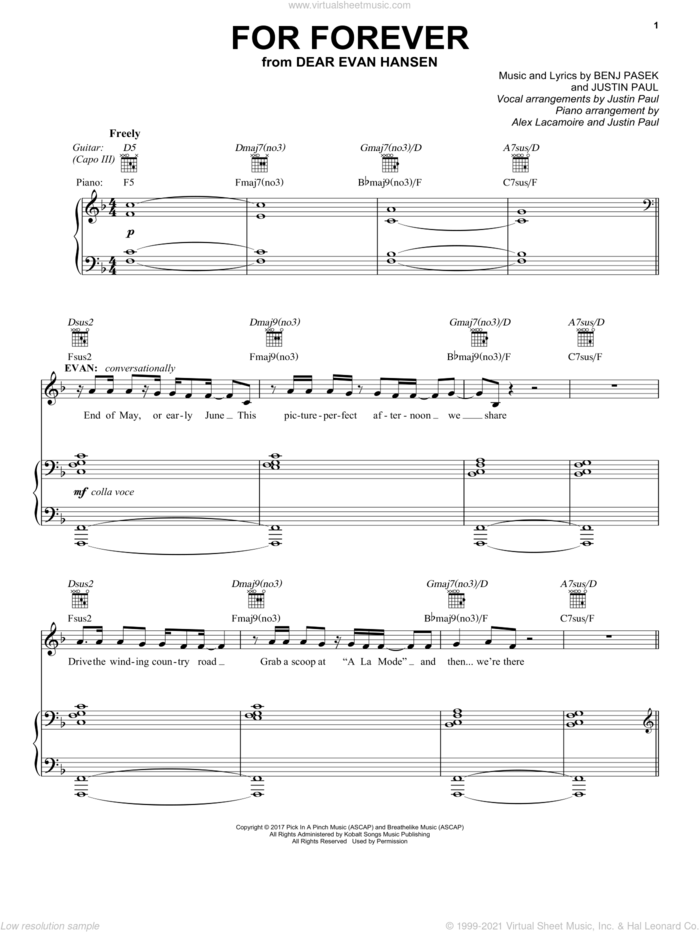 For Forever (from Dear Evan Hansen) sheet music for voice, piano or guitar by Pasek & Paul, Benj Pasek and Justin Paul, intermediate skill level