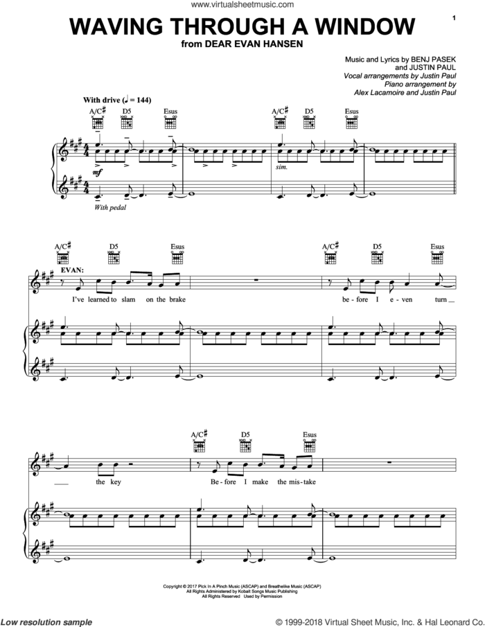Waving Through A Window (from Dear Evan Hansen) sheet music for voice, piano or guitar by Pasek & Paul, Benj Pasek and Justin Paul, intermediate skill level