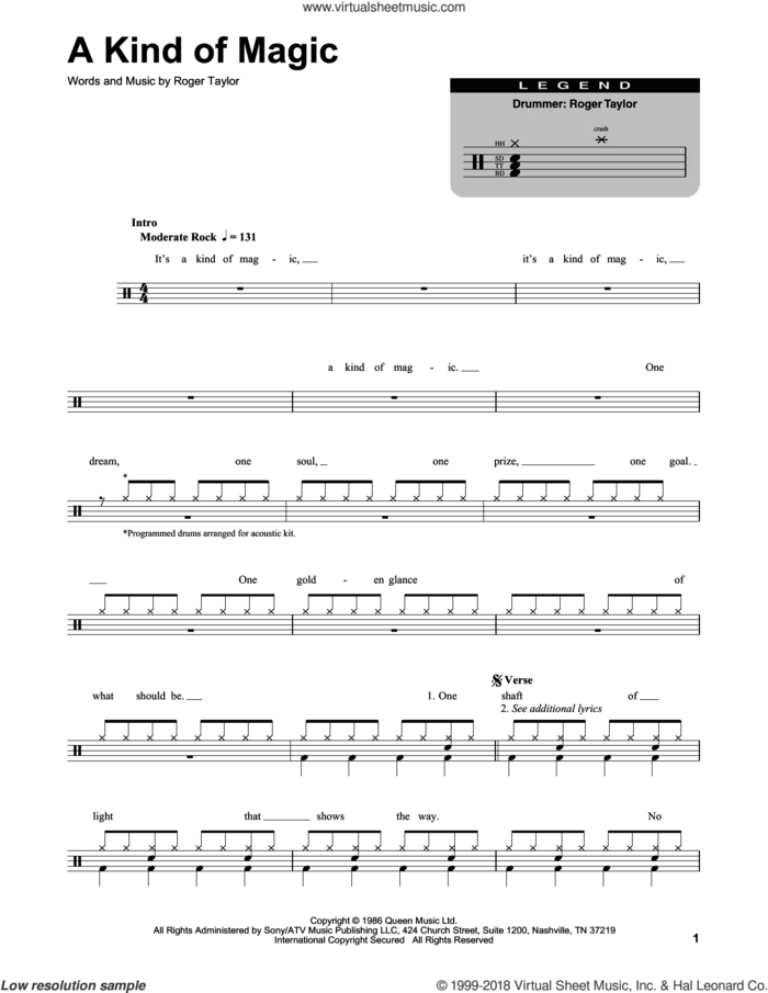 A Kind Of Magic sheet music for drums by Queen and Roger Taylor, intermediate skill level