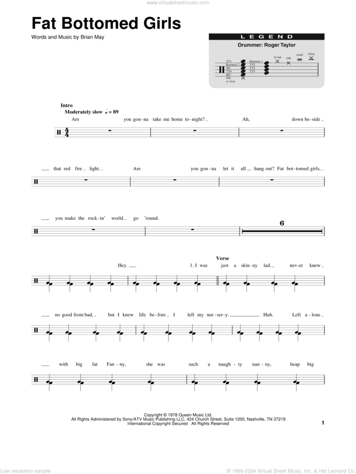 Fat Bottomed Girls sheet music for drums by Queen and Brian May, intermediate skill level