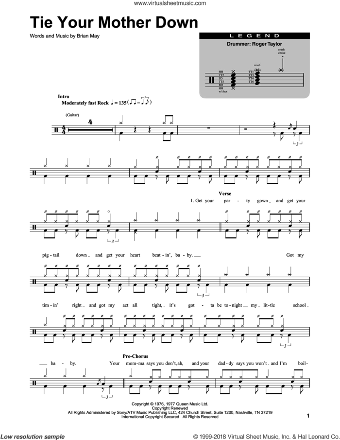 Tie Your Mother Down sheet music for drums by Queen and Brian May, intermediate skill level