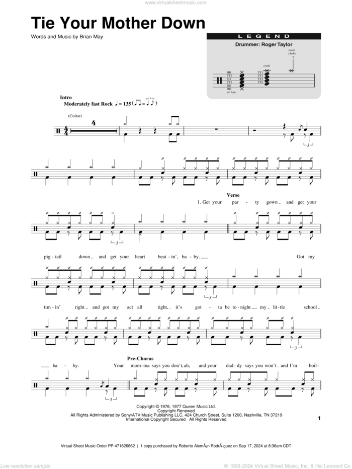 Tie Your Mother Down sheet music for drums by Queen and Brian May, intermediate skill level