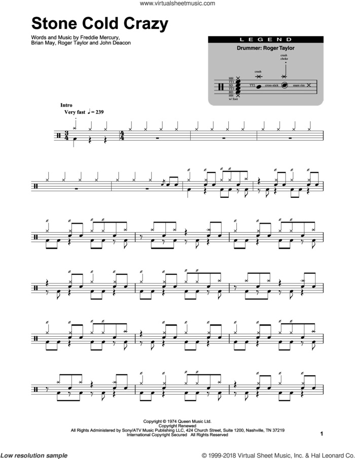 Stone Cold Crazy sheet music for drums by Queen, Brian May, Freddie Mercury, John Deacon and Roger Taylor, intermediate skill level