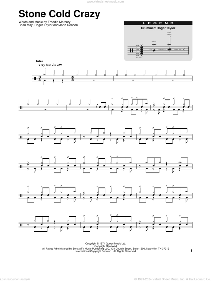 Stone Cold Crazy sheet music for drums by Queen, Brian May, Freddie Mercury, John Deacon and Roger Taylor, intermediate skill level