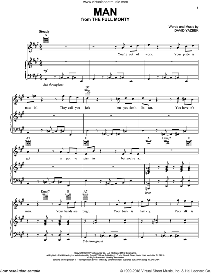 Man sheet music for voice, piano or guitar by David Yazbek, intermediate skill level