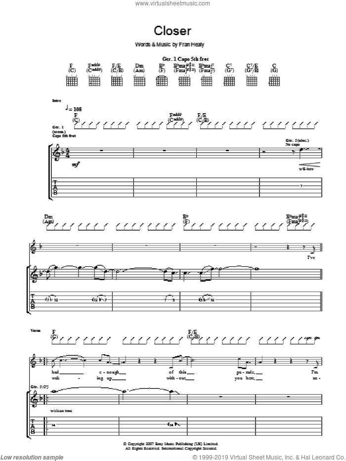 Closer sheet music for guitar (tablature) by Merle Travis and Fran Healy, intermediate skill level