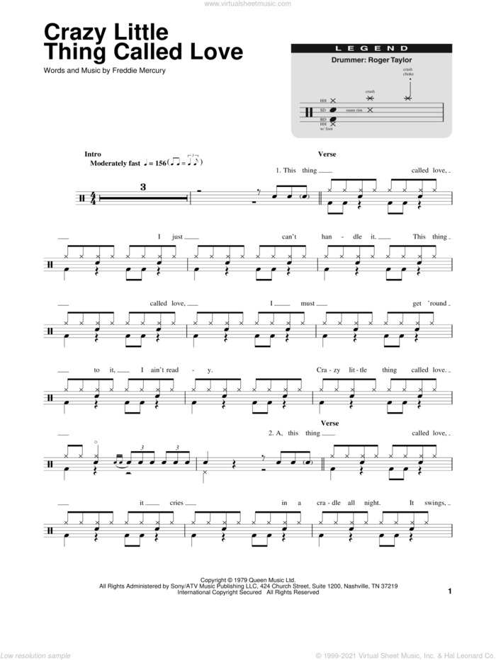 Crazy Little Thing Called Love sheet music for drums by Queen and Freddie Mercury, intermediate skill level