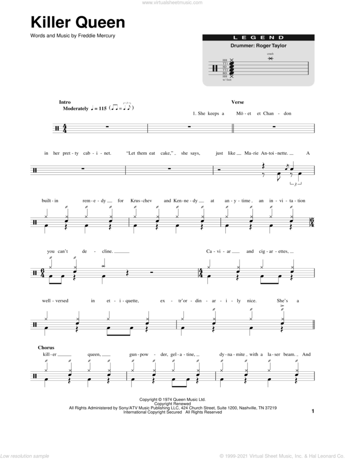 Killer Queen sheet music for drums by Queen and Freddie Mercury, intermediate skill level