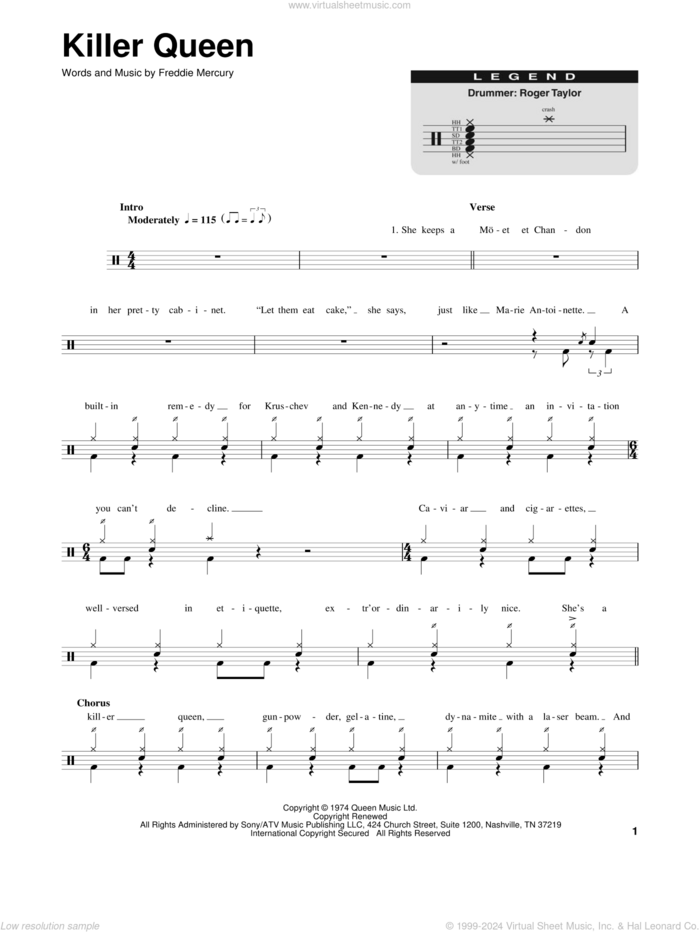 Killer Queen sheet music for drums by Queen and Freddie Mercury, intermediate skill level