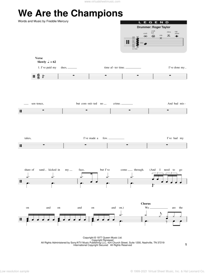 We Are The Champions sheet music for drums by Queen and Freddie Mercury, intermediate skill level