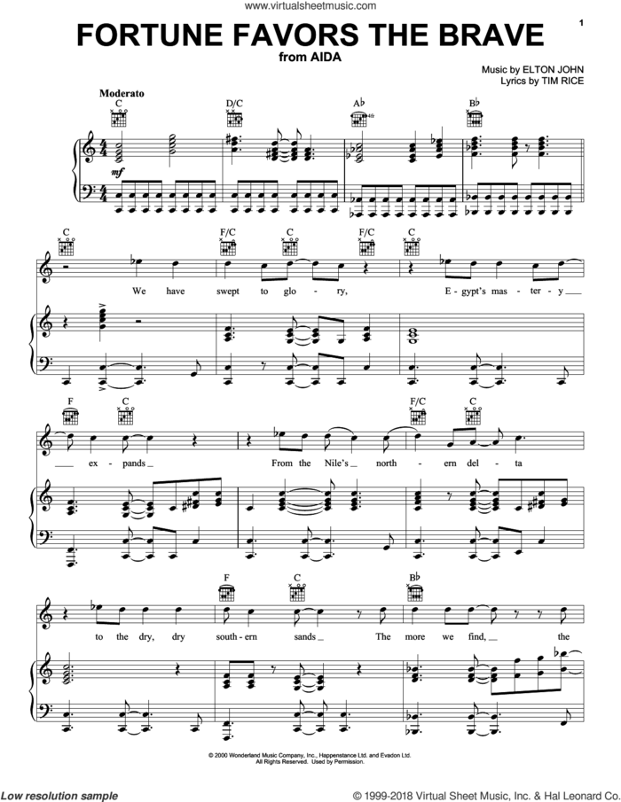Fortune Favors The Brave sheet music for voice, piano or guitar by Elton John and Tim Rice, intermediate skill level