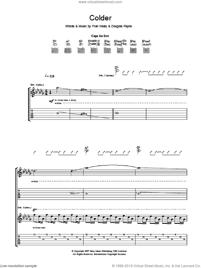 Colder sheet music for guitar (tablature) by Merle Travis, Douglas Payne and Fran Healy, intermediate skill level