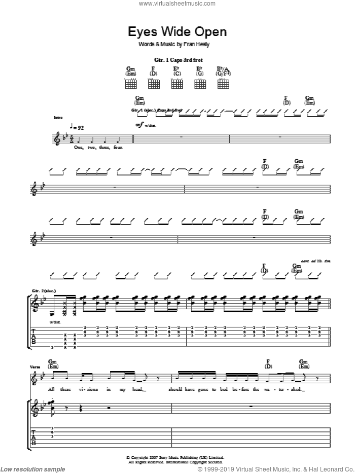 Eyes Wide Open sheet music for guitar (tablature) by Merle Travis and Fran Healy, intermediate skill level