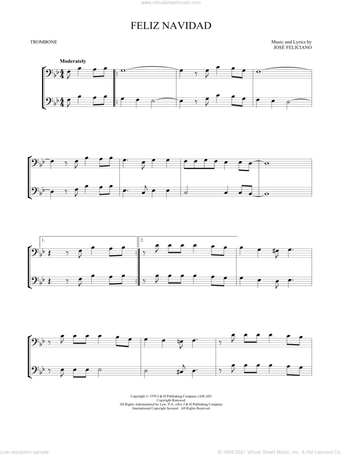 Feliz Navidad sheet music for two trombones (duet, duets) by Jose Feliciano, intermediate skill level