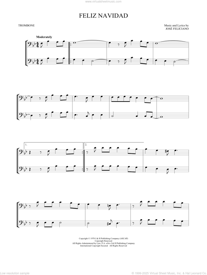 Feliz Navidad sheet music for two trombones (duet, duets) by Jose Feliciano, intermediate skill level