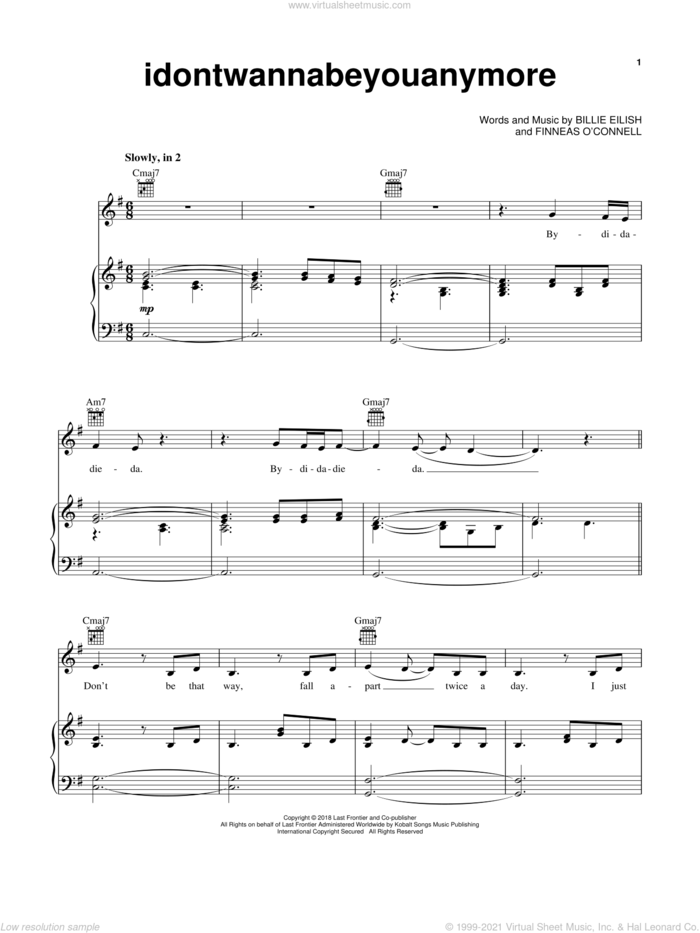 idontwannabeyouanymore sheet music for voice, piano or guitar by Billie Eilish, intermediate skill level