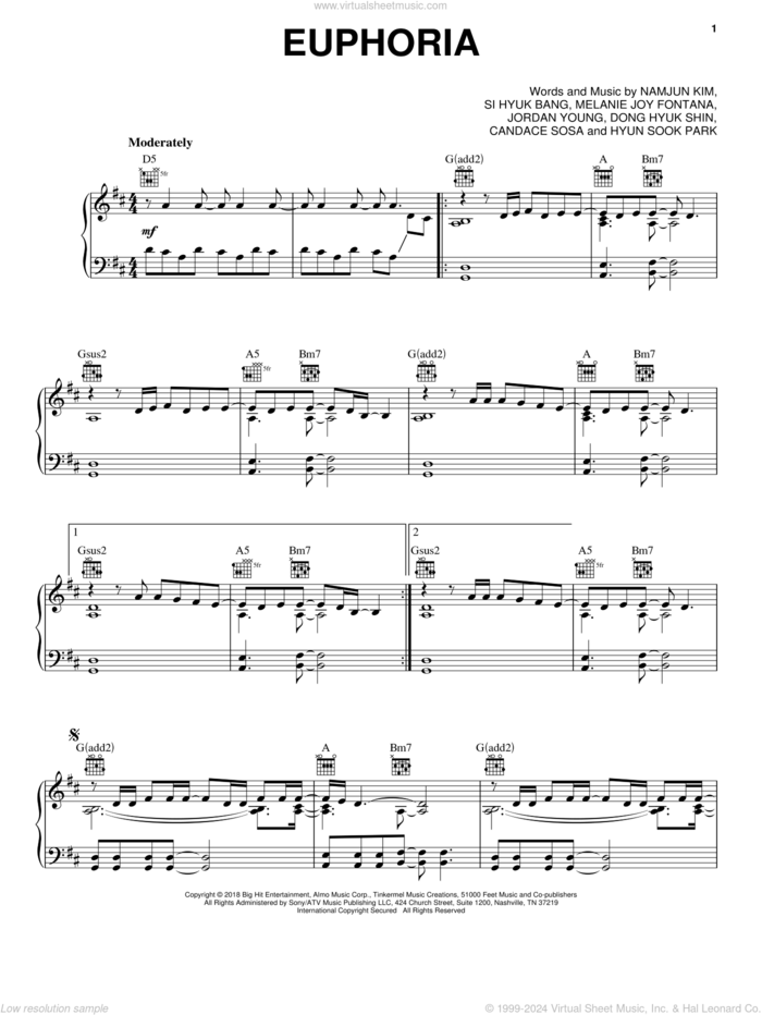 Euphoria sheet music for piano solo by BTS, Candace Sosa, Dong Hyuk Shin, Hyun Sook Park, Jordan Young, Melanie Joy Fontana, Namjun Kim and Si Hyuk Bang, intermediate skill level