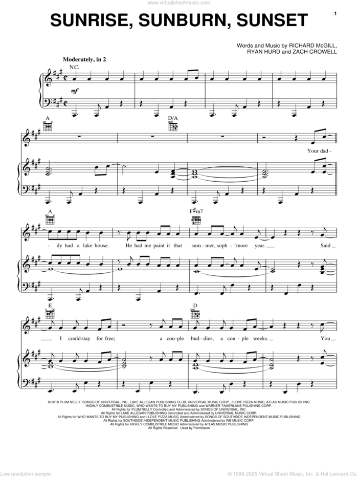 Sunrise, Sunburn, Sunset sheet music for voice, piano or guitar by Luke Bryan, Richard McGill, Ryan Hurd and Zach Crowell, intermediate skill level