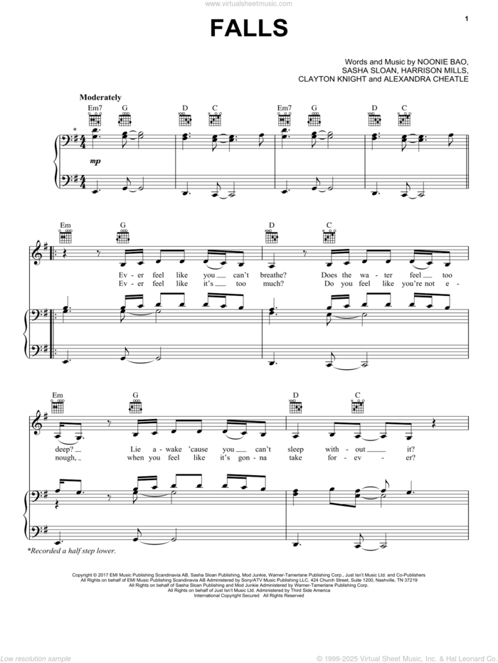 Falls (Feat. Sasha Sloan) sheet music for voice, piano or guitar by ODESZA, Alexandra Cheatle, Clayton Knight, Harrison Mills, Noonie Bao and Sasha Sloan, intermediate skill level