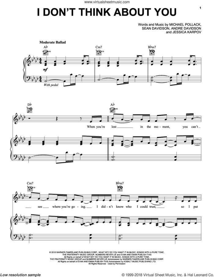 I Don't Think About You sheet music for voice, piano or guitar by Kelly Clarkson, Andre Davidson, Jessica Karpov, Michael Pollack and Sean Davidson, intermediate skill level
