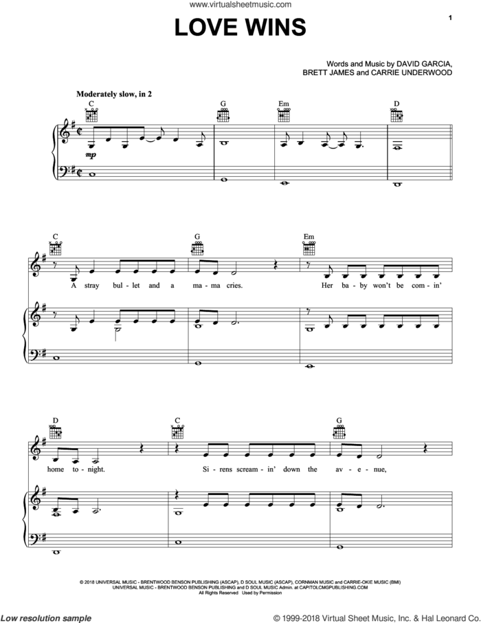 Love Wins sheet music for voice, piano or guitar by Carrie Underwood, Brett James and David Garcia, intermediate skill level