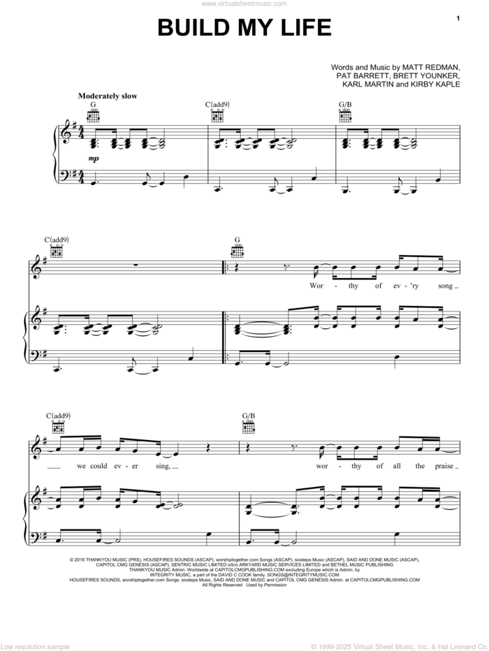 Build My Life sheet music for voice, piano or guitar by Housefires, Brett Younker, Karl Martin, Kirby Kaple, Matt Redman and Pat Barrett, intermediate skill level