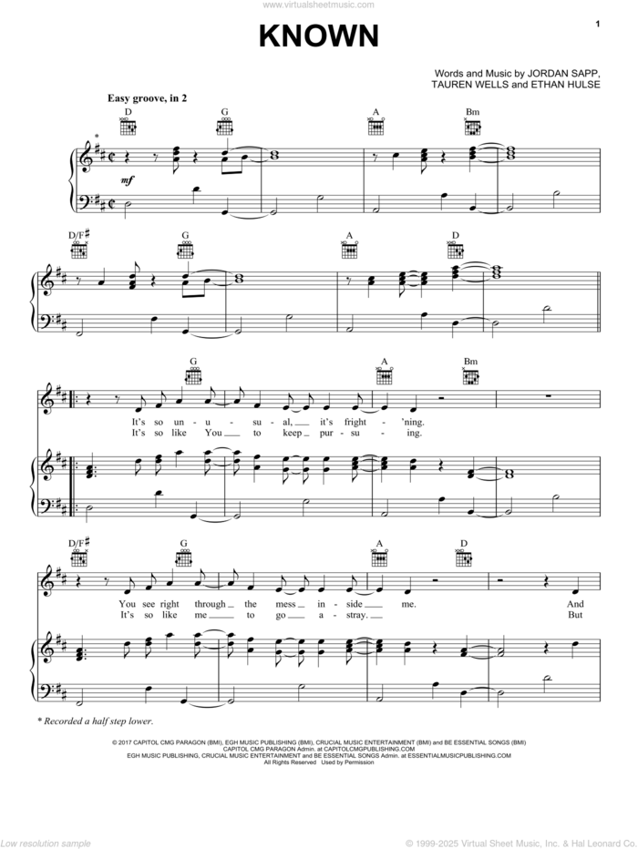 Known sheet music for voice, piano or guitar by Tauren Wells, Ethan Hulse and Jordan Sapp, intermediate skill level