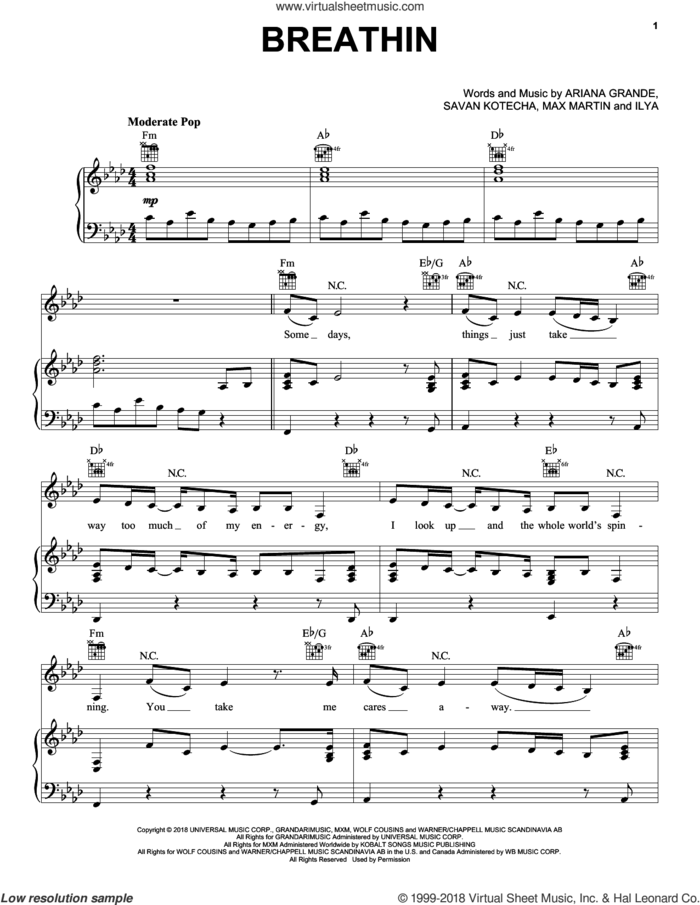 Breathin sheet music for voice, piano or guitar by Ariana Grande, Ilya Salmanzadeh, Max Martin and Savan Kotecha, intermediate skill level
