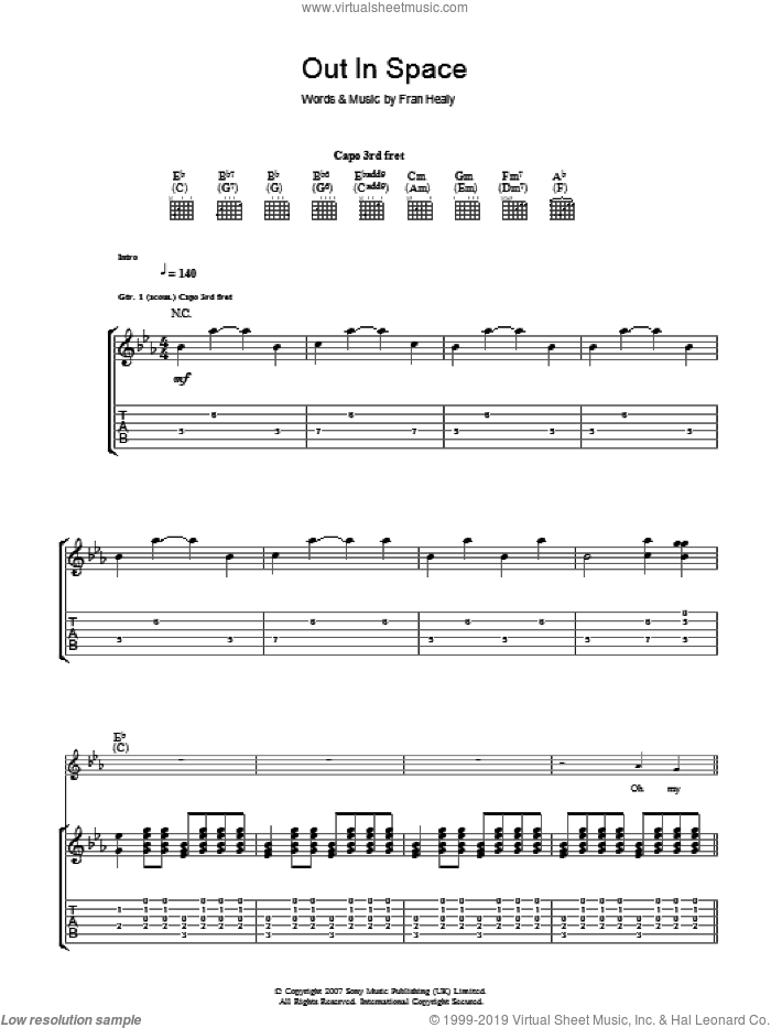 Out In Space sheet music for guitar (tablature) by Merle Travis and Fran Healy, intermediate skill level