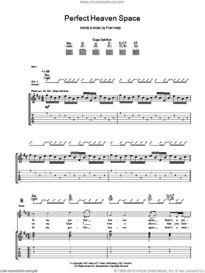 Perfect Heaven Space sheet music for guitar (tablature) by Merle Travis and Fran Healy, intermediate skill level