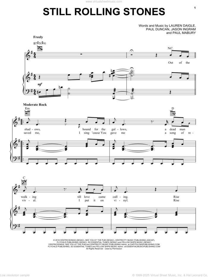 Still Rolling Stones sheet music for voice, piano or guitar by Lauren Daigle, Jason Ingram, Paul Duncan and Paul Mabury, intermediate skill level