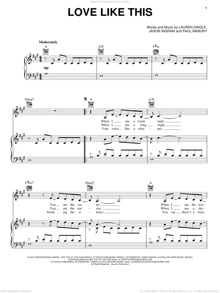 Love Like This sheet music for voice, piano or guitar by Lauren Daigle, Jason Ingram and Paul Mabury, intermediate skill level