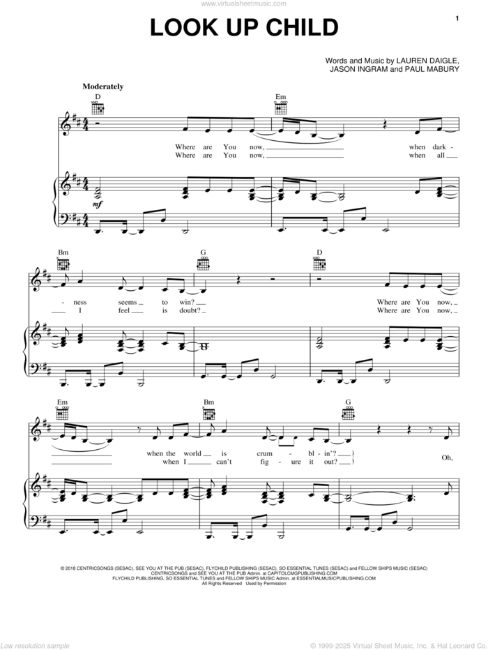 Look Up Child sheet music for voice, piano or guitar by Lauren Daigle, Jason Ingram and Paul Mabury, intermediate skill level