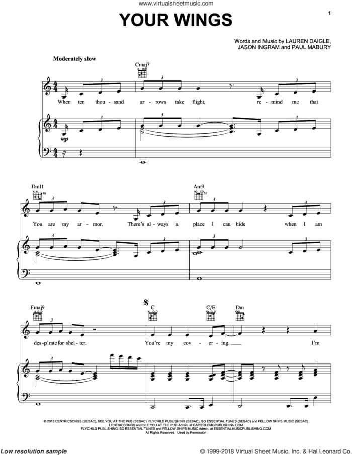 Your Wings sheet music for voice, piano or guitar by Lauren Daigle, Jason Ingram and Paul Mabury, intermediate skill level