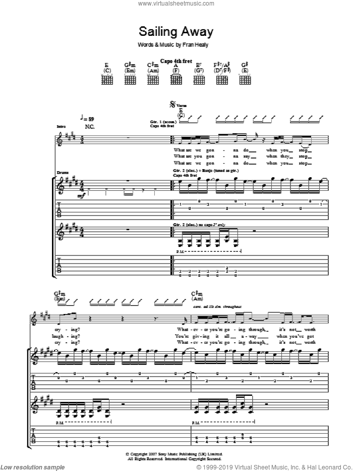 Sailing Away sheet music for guitar (tablature) by Merle Travis and Fran Healy, intermediate skill level