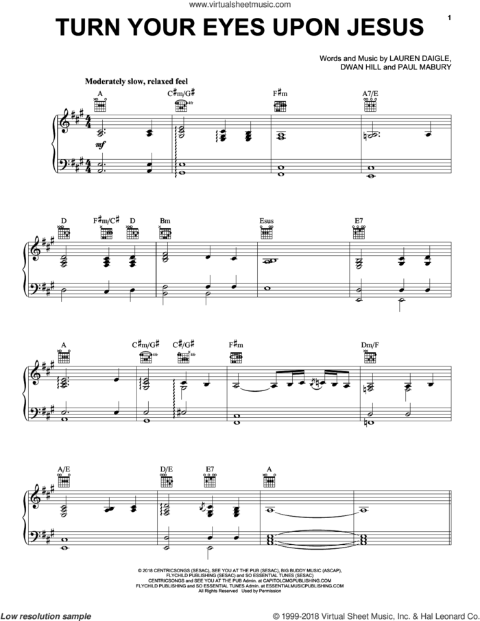 Turn Your Eyes Upon Jesus sheet music for voice, piano or guitar by Lauren Daigle, Dwan Hill and Paul Mabury, intermediate skill level
