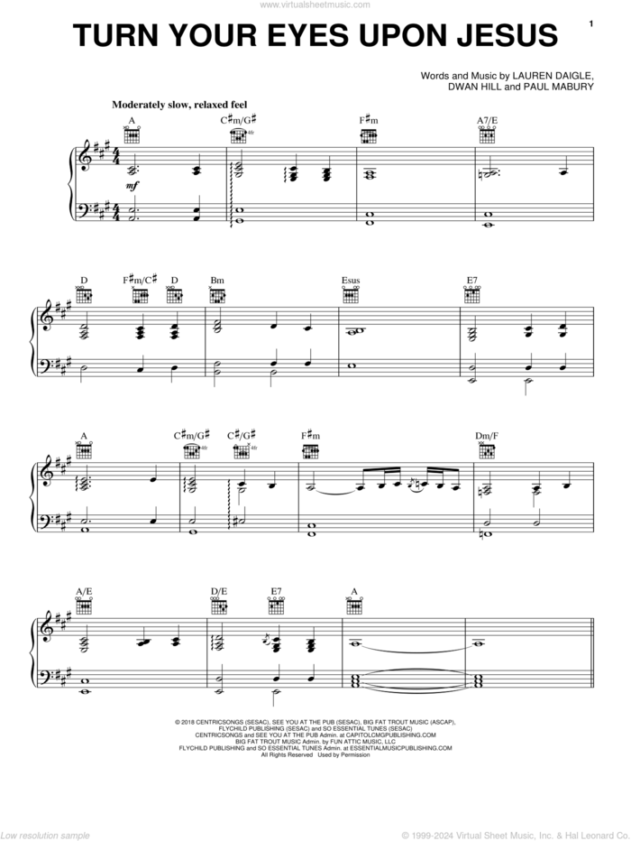 Turn Your Eyes Upon Jesus sheet music for voice, piano or guitar by Lauren Daigle, Dwan Hill and Paul Mabury, intermediate skill level