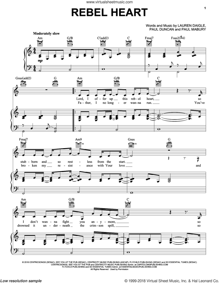 Rebel Heart sheet music for voice, piano or guitar by Lauren Daigle, Paul Duncan and Paul Mabury, intermediate skill level
