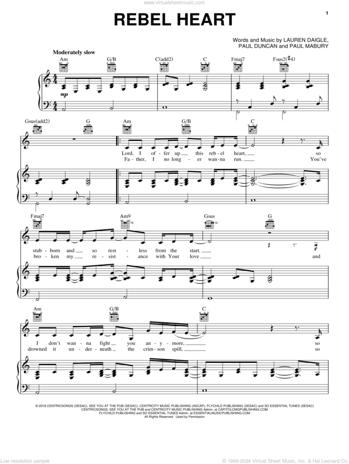 Rebel Heart sheet music for voice, piano or guitar by Lauren Daigle, Paul Duncan and Paul Mabury, intermediate skill level