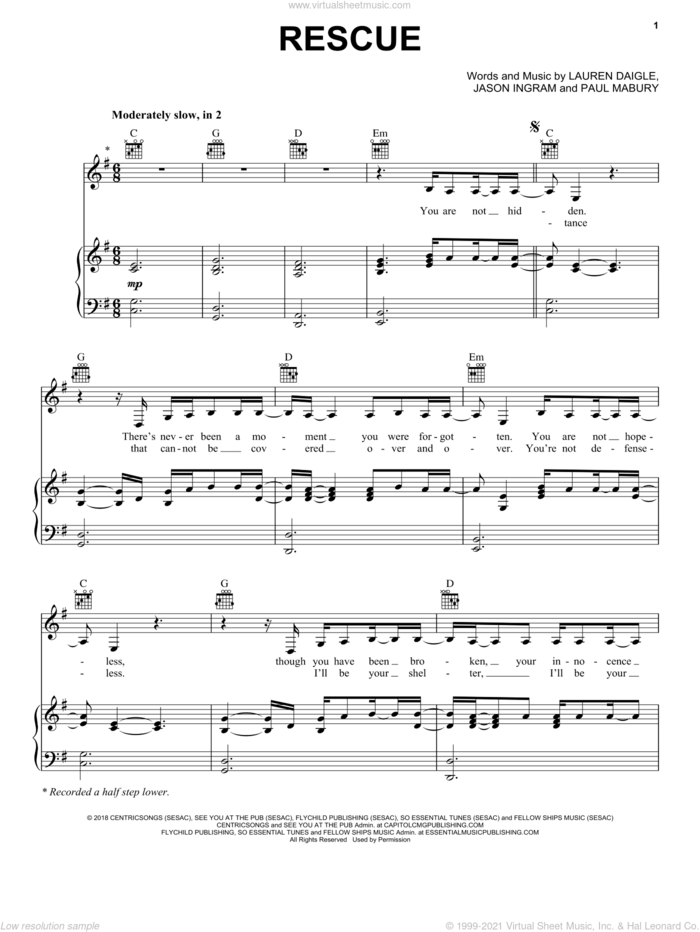Rescue sheet music for voice, piano or guitar by Lauren Daigle, Jason Ingram and Paul Mabury, intermediate skill level