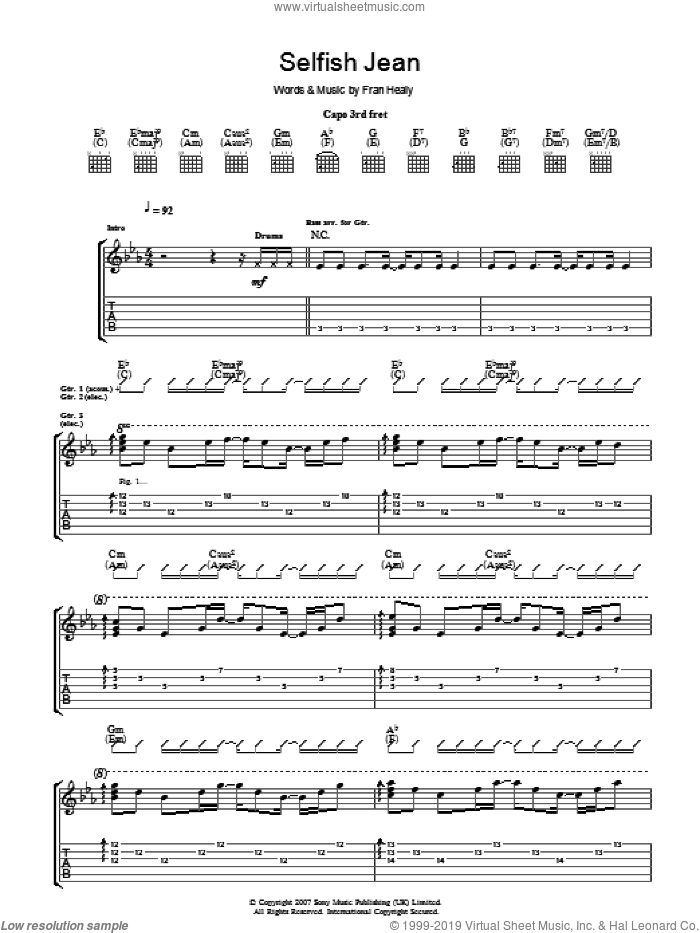 Selfish Jean sheet music for guitar (tablature) by Merle Travis and Fran Healy, intermediate skill level