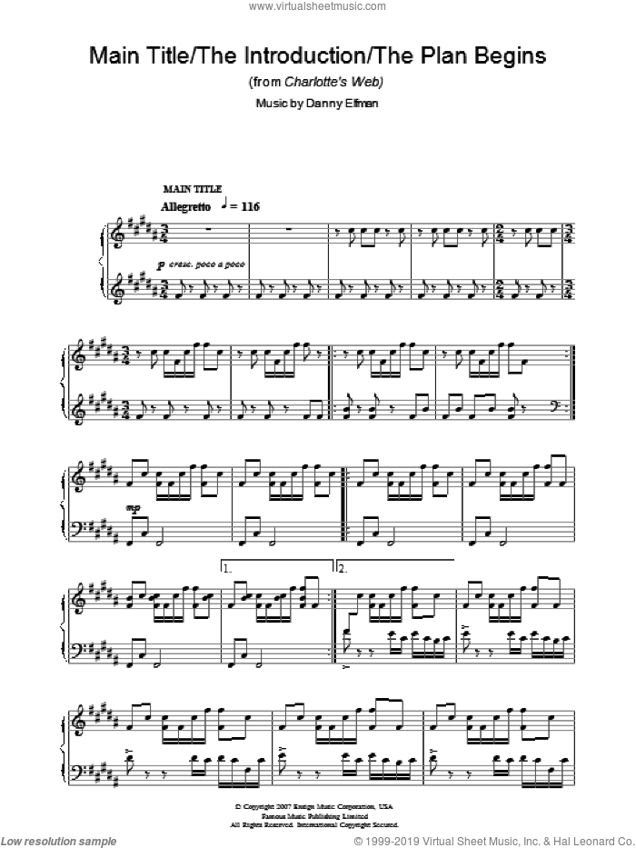Main Title/The Introduction/The Plan Begins (from Charlotte's Web) sheet music for piano solo by Danny Elfman, intermediate skill level