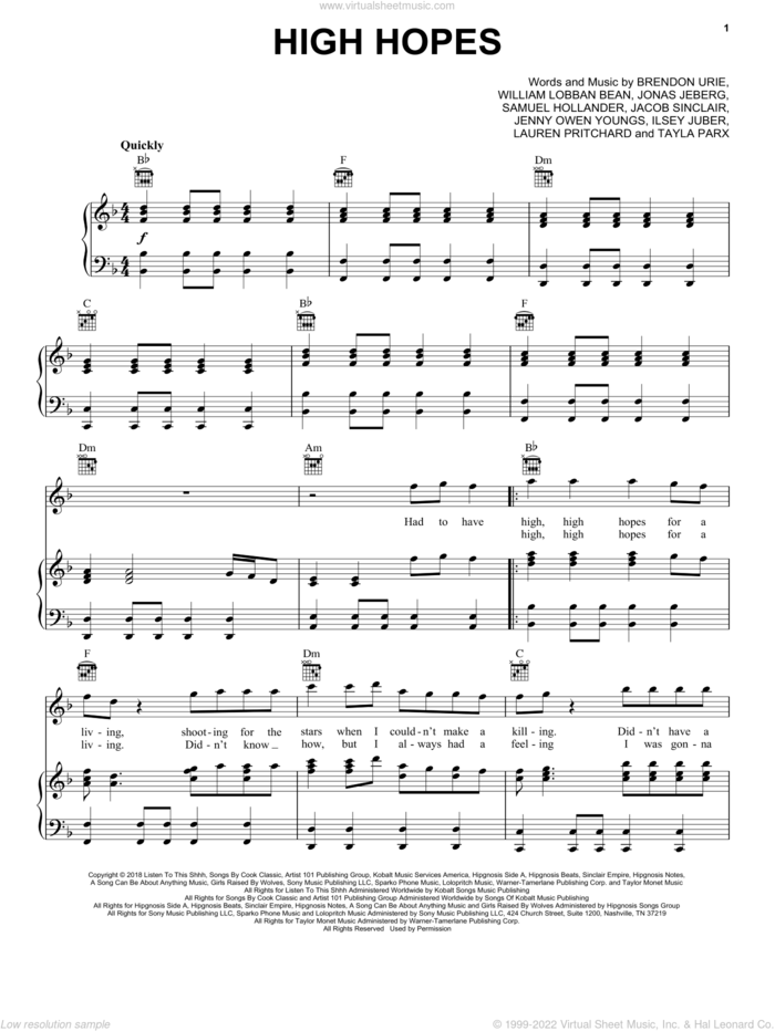 High Hopes sheet music for voice, piano or guitar by Panic! At The Disco, Brendon Urie, Ilsey Juber, Jacob Sinclair, Jenny Owen Youngs, Jonas Jeberg, Lauren Pritchard, Sam Hollander, Taylor Parks and William Lobban Bean, intermediate skill level
