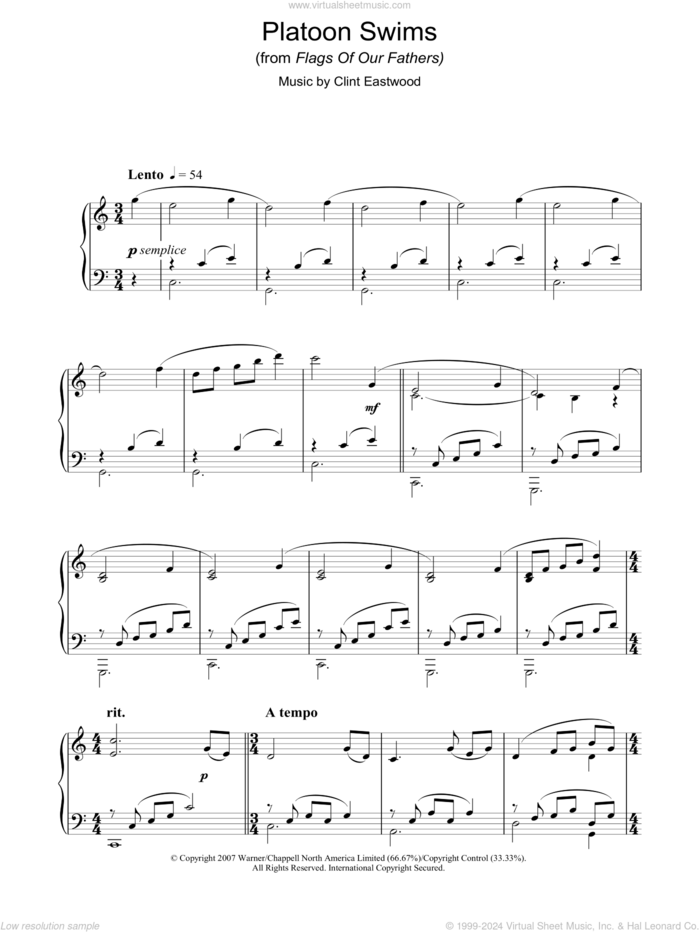 Platoon Swims (from Flags Of Our Fathers) sheet music for piano solo by Clint Eastwood, intermediate skill level